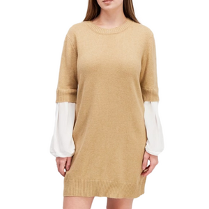 Vince Camuto Tan White Mixed Media Long Sleeve Crewneck Sweater Mini Dress Sz L